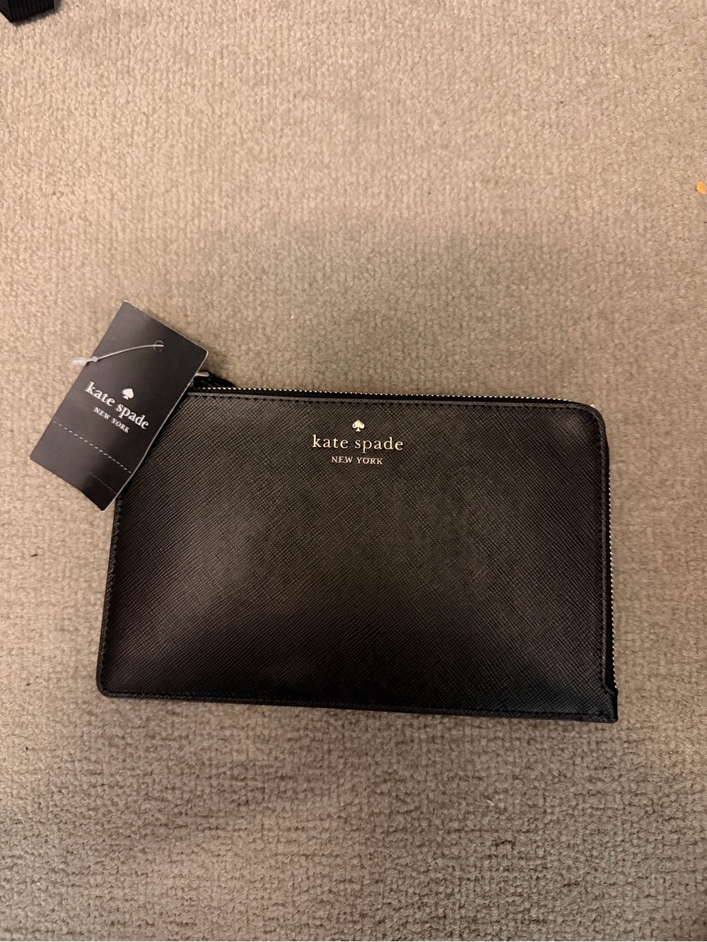 kate spade Cameron Black Saffiano Zip Wristlet with Gold Hardware